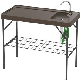Outsunny Folding Fish Cleaning Table with Sink, Portable Camping Table with Faucet, Drainage Hose, Sprayer and Shelf, Tan